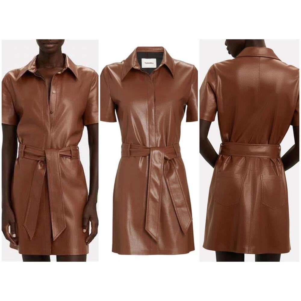 NANUSHKA Halli Vegan Leather Shirt Dress In Brown Size Small Belted Short Sleeve